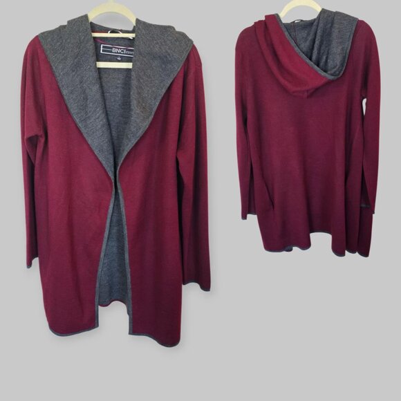 BNCI by Blanc Noir Cardigan Burgundy Gray Hooded Wool BLend Womens Large - Picture 1 of 13